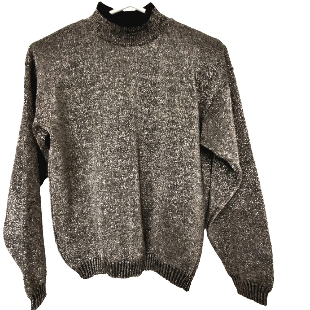 Jessica Y2K Metallic Knit Sweater Pullover Mockneck Long Sleeves Black Silver